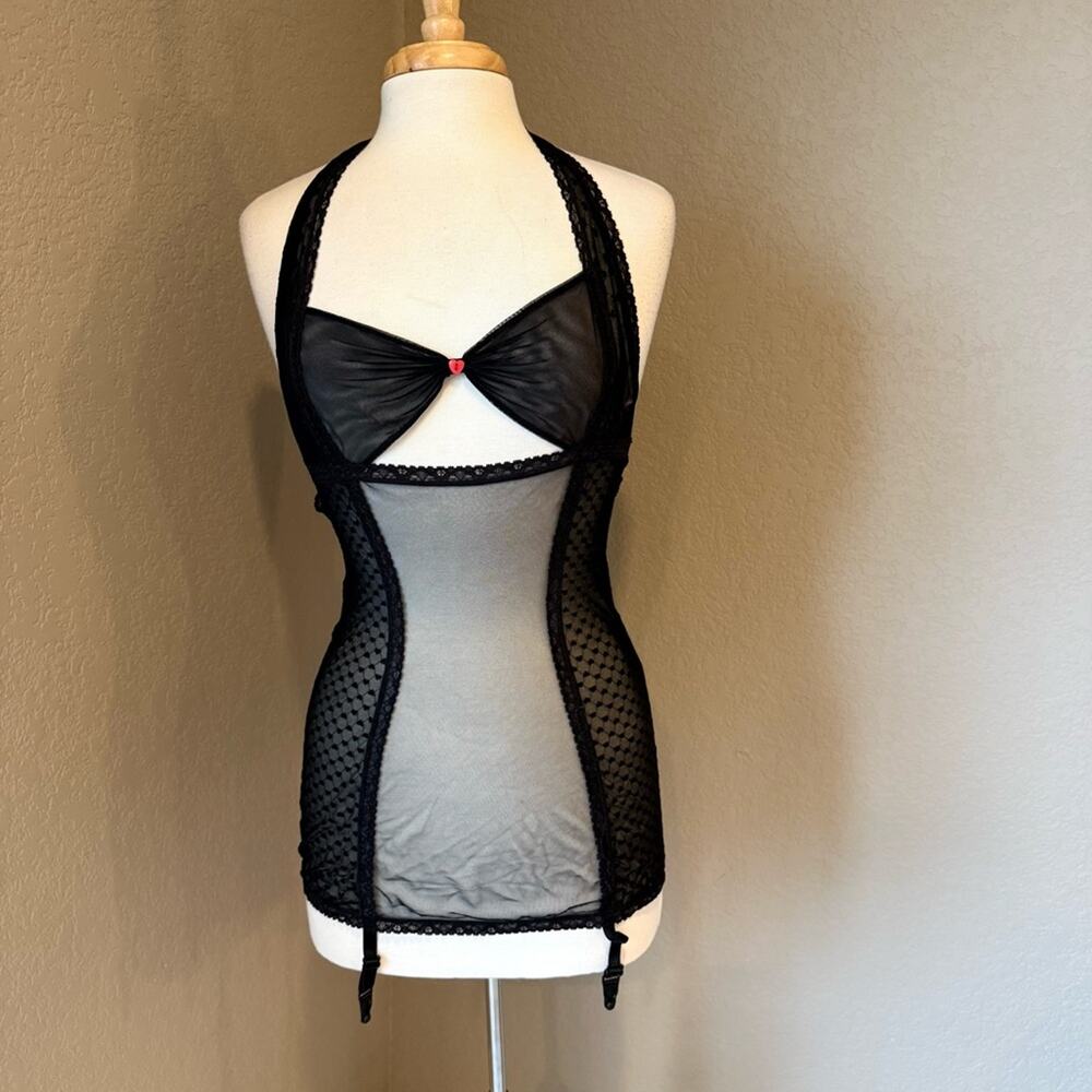 Shirley of Hollywood Black Sheer Lace Garter Lingerie Mini Dress M